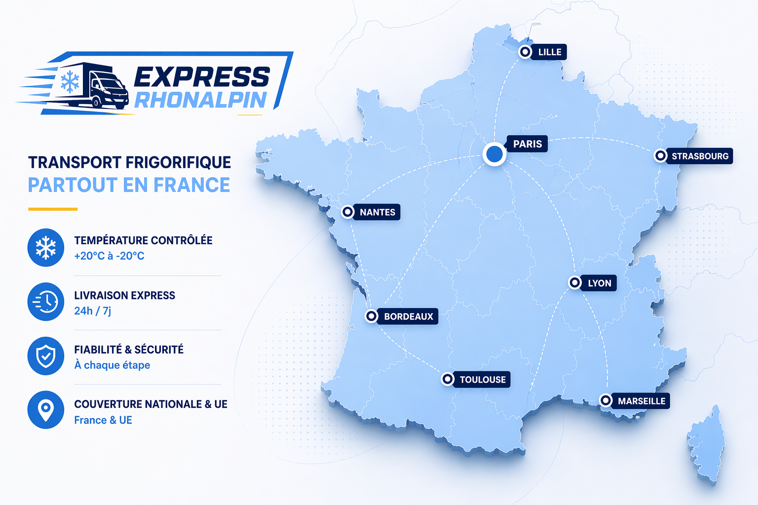 Carte de la France avec les principales implentations de la société Express Rhonalpin